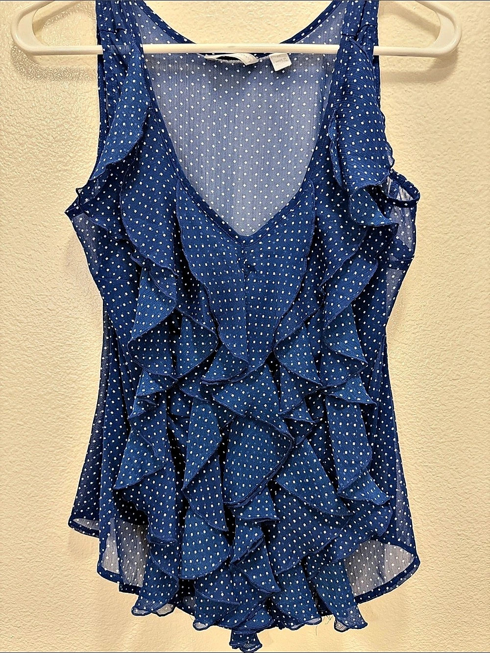 New York & Company Polka Dot Ruffle Tank Blue & White XS